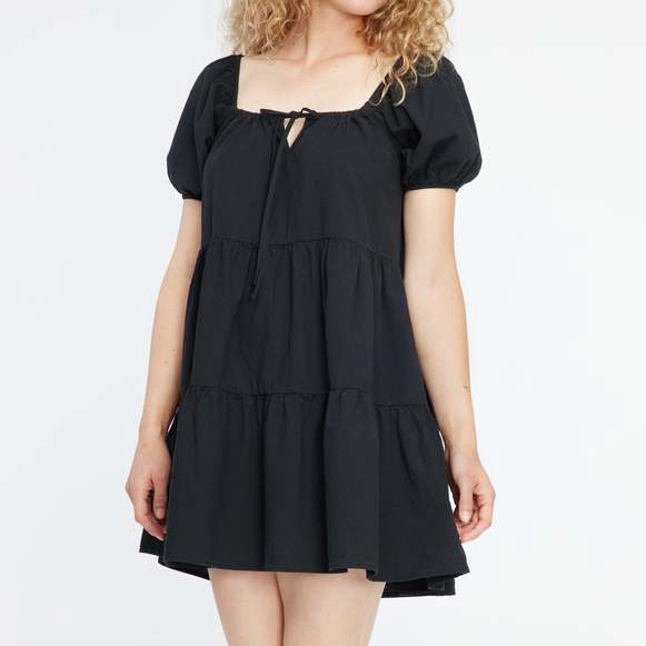 Lacausa Playa Black Tiered Hem Short Sleeve Cotton Babydoll Dress Cottagecore